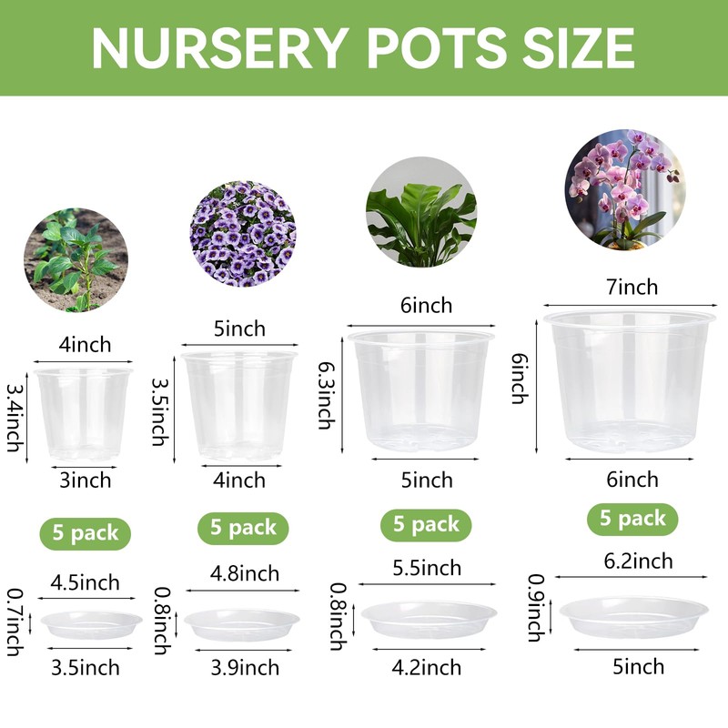 7/6/5/4 Inch Clear Nursery Pots with Drainage Hole 20Pcs,Plastic Plant