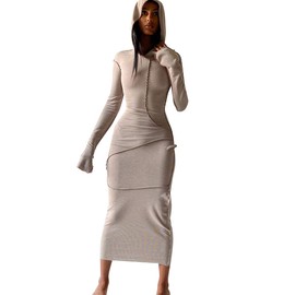 LuFeng Women's Sexy Long Sleeve Bodycon Solid Hoodie Patchwork High Waist Long Dress Coffee