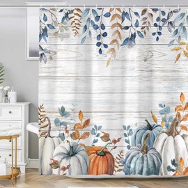 Emwnodti Fall Pumpkin Shower Curtain Bathroom Decor, Autumn Leaves Thanksgiving Farmhouse Watercolor Seasonal Shower Curtains, Polyester Fabric Waterproof Bathroom Curtain with 12 Hooks 72 x 72 inch