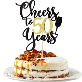 1 decoración para tartas de Cheers to 50 años, color negro y dorado con purpurina, para 50 cumpleaños, 50 fabulosas decoraciones de tartas para 50 cumpleaños, aniversario, decoración de fiestas