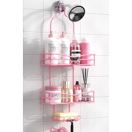 DAOYA Pink 3-Tier Over Head Shower Caddy with Soap Holder & 6 Hooks - Hanging Shower Caddy for Bathroom Organizer