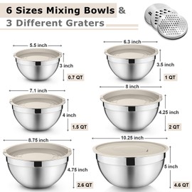P&P CHEF Mixing Bowls with Lids Set of 6, Stainless Steel Nesting Salad Bowl & 3 Grater Attachments for Prepping Storing, 4.6/2.6/2/1.5/1/0.7 QT, Khaki