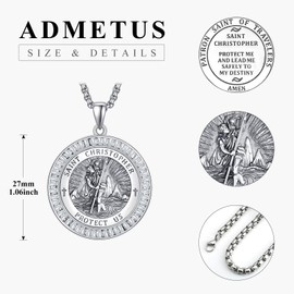 ADMETUS St Christopher Medal Sterling Silver CZ Saint Christopher Necklace for Women Men St Christopher Pendant Necklace Protection Jewelry Religious Gifts for Women Men