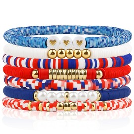 Red White Blue Friendship Bracelets Bulk, Trendy Heishi Clay Bead Bracelets for Women, Bohemian Stackable Gold Plated Beaded Stretch Bracelet, Elastic Layering Surfer Bracelet Set Boho Jewelry for Christmas Stocking Stuffers