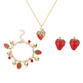 coadipress 3PCS Strawberry Jewelry Set for Women Cute Sweet Strawberry Fruit Pendant Necklace Dainty Fashion Strawberry Rhinestone Bracelet Birthday Party Charm Jewelry (Green Leaf Strawberry)