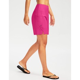 G Gradual Women's 7" Long Swim Board Shorts High Waisted Quick Dry Beach Swimming Shorts for Women with Liner Pockets(Rosy,L)