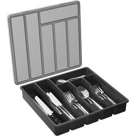 Lifewit Organizador de Cubiertos para Cajon con Tapa, Caja de Cubiertos para Cajón de Cocina, Soportes de Utensilios para Cuchillos, Tenedores, Cucharas, Bandeja con 6 Compartimentos, Negro