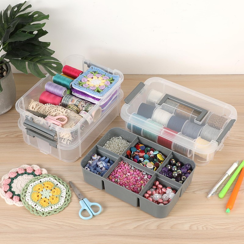 JUXYES 2 Pack 3-Tiers Stack Carry Storage Box With Divided