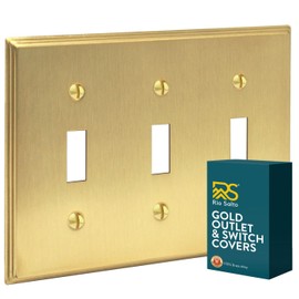 Rio Salto MIDSIZE BRASS Light Switch Plate Outlet Cover Wall Plate – Deco Collection Triple Toggle Flip Switch – Solid Brass Brushed Gold Decorative Covers – 3-Gang 6.75" x 4.94"