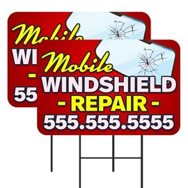 VISTA PRODUCTS Mobile Windshield Repair - Auto Glass 2 Pack Double-Sided Yard Signs 16" x 24" with Metal Stakes (Made in Texas)