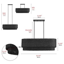 Aiwen 3-Light Rattan Chandeliers, 35.03 inch Farmhouse Black Chandelier with Rattan Lampshade, Boho Chandelier Hand-Woven Rattan Pendant Light Fixture for Kitchen Island Dining Room