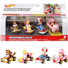 Hot Wheels Mario Kart 4-Pack, Collectible Set of 4 Toy Vehicles with Tanooki Mario, Cat Peach, Toad Sneeker & Toadette Birthday Girl