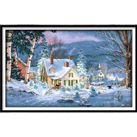 Qeerysew Cross Stitch Kits Stamped Full Range of Embroidery Starter Kits for Beginners DIY 11CT 3 Strands -Printed Kits Christmas Snowscape 70×50 cm