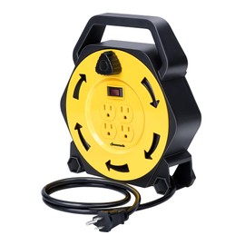 DEWENWILS Extension Cord Reel with 25 FT Power Cord, Hand Wind Retractable, 16/3 AWG SJTW, 4 Grounded Outlets, 13 Amp Circuit Breaker, Yellow, Black, UL Listed | DEWENWILS