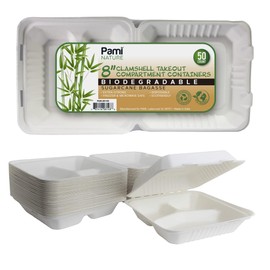 PAMI Sugarcane 100% Biodegradable 8” Clamshell PFAS-Free Containers With Lids[Pack of 50] - Compostable 3 Compartment Takeout Containers- Eco Bagasse To-Go Food Boxes- Disposable Microwavable Boxes