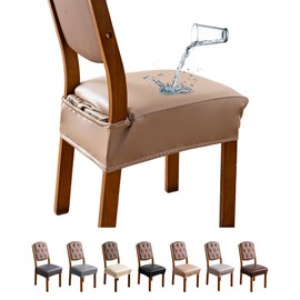 Genina Dining Chair Covers Set of 4, Waterproof PU Leather Dining Seat Covers Stretch Wipeable Dining Room Seat Cover Kitchen Chair Slipcover Protector (Rear-Covered Design, Khaki)