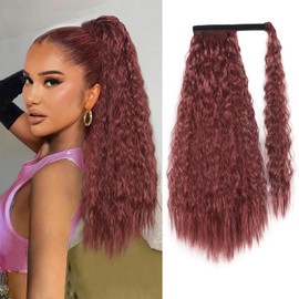 Stamped Glorious Long Corn Wave Ponytail Extension Magic Paste Heat Resistant Wavy Synthetic Wrap Around Ponytail Hairpiece for Black Women (22 Inch, 22 Inch-Burgundy)