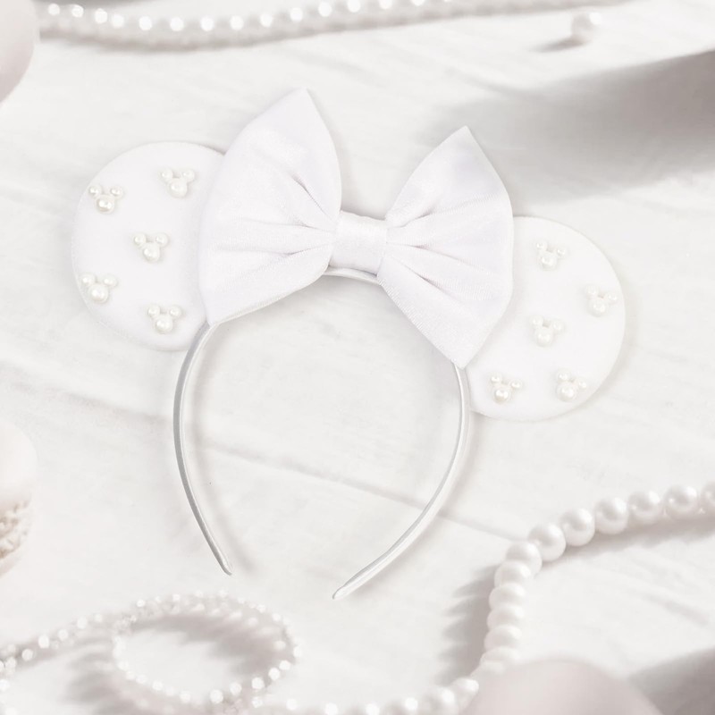 Bianbaistar White Velvet Mouse Ear Headband with Pearl Accents -