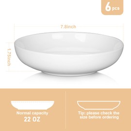 GarveeHome 7.8'' Ceramic Large Pasta Bowls Set of 6, White Pasta Plates 22 OZ, Porcelain Salad Bowls Flat Serving Bowls, Oven & Microwave & Dishwasher Safe