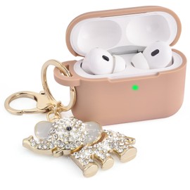 MOFREE for Airpods Pro 2 Case 2022, Soft 5 in 1 Silicone Protective Cover for Airpods Pro 2nd Generation Case Women with Bling Elephant Keychain, Wireless Charging [Front LED Visible]-Khaki