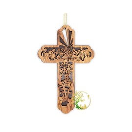 Last Supper Scene on Olive Wood Cross - Christmas Decoration | Tree Ornament Story of Jesus Last Supper | Religious Gift from the Holy Land (Set of 1)