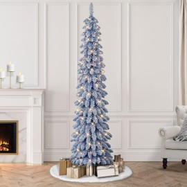 Puleo International 7 ft Pre-Lit Flocked Blue Artificial Alpine Pencil Tree 318 Tips 150 Clear Lights