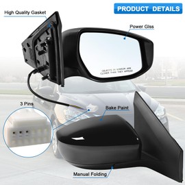 Paderson Right Passenger Side Mirror Assembly Fits 2013-2019 Nissan Sentra with Power Glass Manual Folding Match to Black Replace NI1321238(3 Pins)