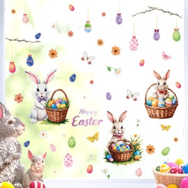 Happy Easter Bunny Window Stickers Rabbit Easter Eggs Wall Decals Butterfly Flowers Wall Decal Peel and Stick Tree Branch Window Clings Stickers Kids Room Home Kitchen Decor