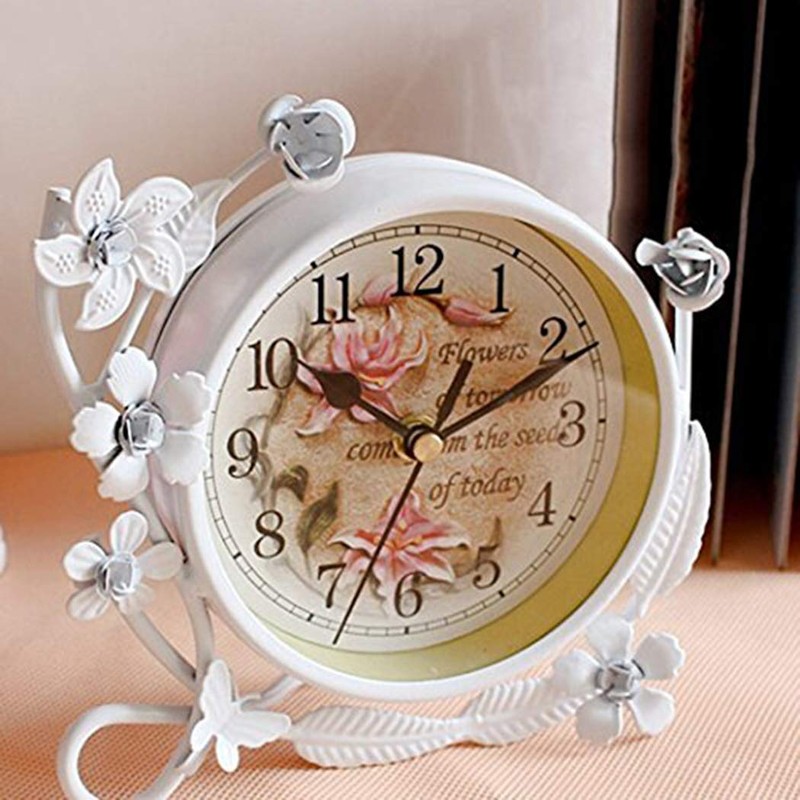 SWEET HOME Small White Table Top Clock Iron Rustic Home