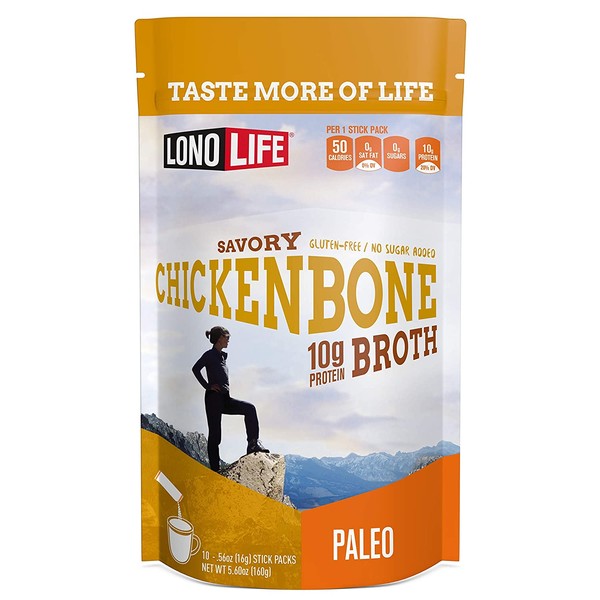LonoLife Chicken Bone Broth Powder with 10g Protein, Paleo and Keto Friendly, Stick Packs, 10 Count