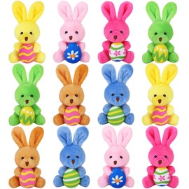 Fovths - Juego de 12 llaveros de conejo de peluche de Pascua de 4.7 pulgadas, juego de conejitos de peluche con relleno de huevos o cesta de relleno de conejo, regalo de fiesta de Pascua, multicolor