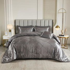 Chumerry Rich Satin Comforter Set Gray Pintuck Bedding Set Queen Size Bed in a Bag Extra Smooth Luxury Silk Like Silky Duvet Diamond Geometric Pinch Pleat Bed Set