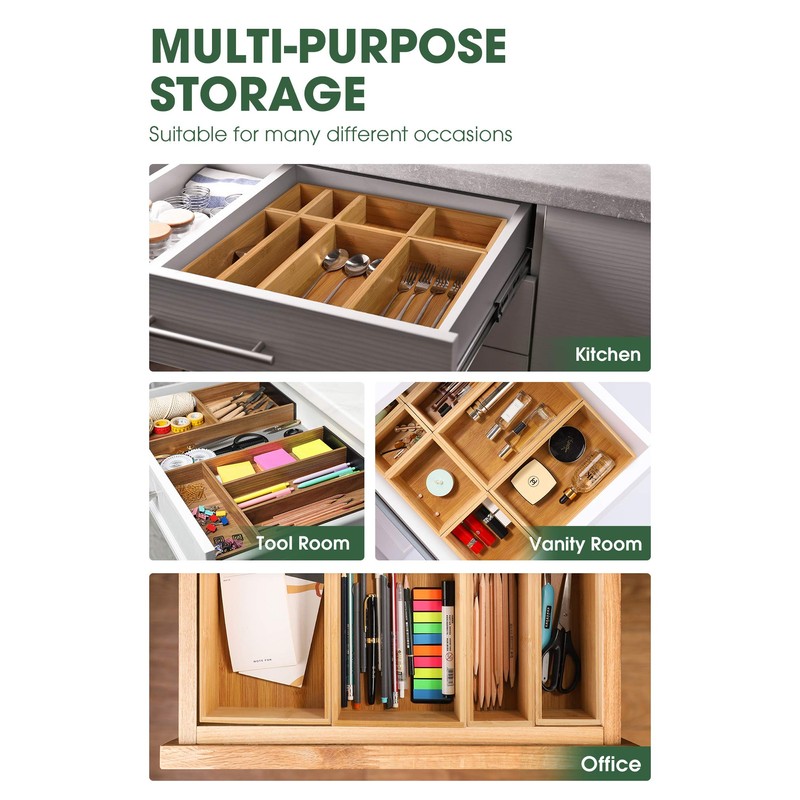 Kootek 8 Pcs Bamboo Drawer Organizer Utensil Tray Kitchen Storage