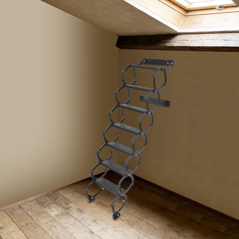 FXEIPOL 7 Steps Wall Mounted Folding Ladder, Metal Attic Stairs