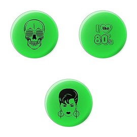 80's Skull Face with Sunglasses - I Love The 80s - 1980's Woman Small Mini Badges - Fluorescent Green - UV Reactive Black Light Glow - Pin Button Badge - 3 Pack
