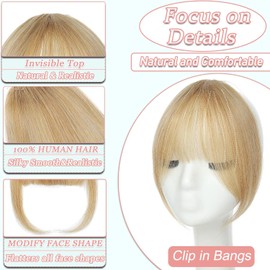 Clip in Bangs, 100% Real Human Hair French Fake Bangs Hair Clip for Women Ash Blonde Natural Curtain Fringe with Temples Hairpieces for Daily Wear (French, Ash Blonde)