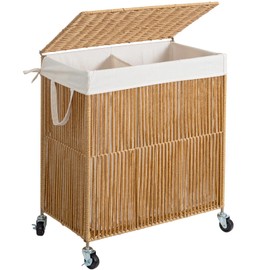 WOWLIVE Laundry Hamper with Wheels, Handwoven Rolling Laundry Basket with Lid, Clothes Hamper with Divided Removable Liner Bag, 115L Large Capacity Laundry Sorter Laundry Room Organization, Natural