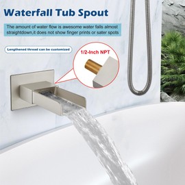 Midanya Rain Shower System with Square Rainfall Waterfall Head, Handheld Sprayer, Tub Spout Combo - Wall Mounted Bathtub Faucet Set, Rough-in Valve, 12 Inch Brushed Nickel