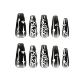 Nail Tip, Mine-based, False Nail Tip, Stylish Nail Tip, 3D Dimensional, Black, Korea, Handmade, Mass Produced, Cool, Star, Butterfly Ribbon, Easy Off Nails, Cosplay Nails, Nail Art, 24 Pieces,