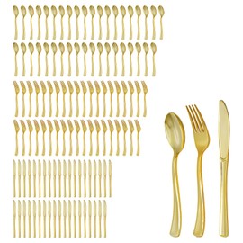 Tighall 120pcs Gold Plastic Silverware Set, Cutlery, Disposable Utensils, 40 Forks, 40 Spoons, 40 Knives, Flatware Dinnerware for Party Bulk Pack