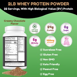 SHIFAA NUTRITION 2 Lbs Halal Whey Protein Powder Creamy Chocolate. 24g Protein, 5g BCAAs & 420mg Glutamine. for Building Lean Muscles & Recovery. Sugar-Free, Keto-Friendly, Gluten-Free, Non-GMO