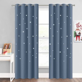 NICETOWN Nursery Blackout Curtains for Kids Decor, Grommet Top Thermal Insulated Star Cutout Window Curtains for Living Room/Thanksgiving, 52 inches Wide x 84 inch Long, Stone Blue, 1 Panel