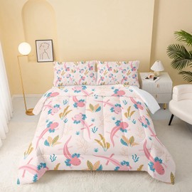 QOOMO Axolotl Kawaii Pattern Printing Bedding Set Axolotl Lovers for Boys Girls Teen Room Decoration Cute 3D Quilt Set Bedroom Decoration Queen Size 1 Comforter Set 2 Pillowcases