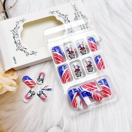 24Pcs 4th of July Press on Nails Shorty Square Independence Day Fake Nails with Red Blue Fireworks Design American Flag Glue on False Nail Red Blue Fireworks Artificial Stick on Nail for Women