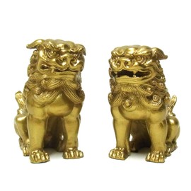 Feng Shui Lucky Figurine Komainu (Lion) Golden 3.1 inches (8 cm)