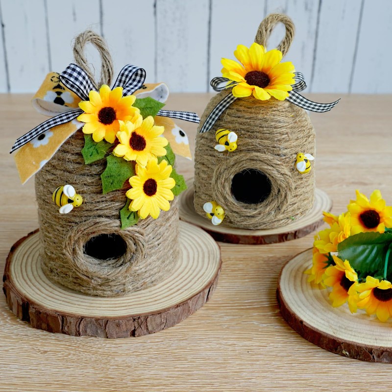 Bigger Bee Hive Decor,2 Pack Bumble Bee Rustic Decor Hive,Natural