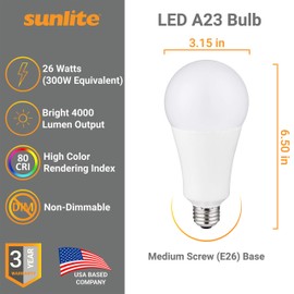 Sunlite 82110 LED A23 Light Bulb, 26 Watts (300w Equivalent), High Output, 4000 Lumens, Medium E26 Base, 120-227 Multi-Volt, Non-Dimmable, UL Listed, 5000K Super White