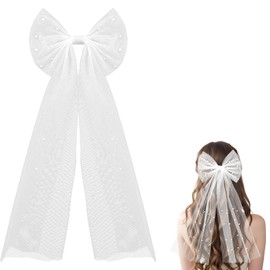 TIESOME Wedding Hair Bow Veil, Bow Wedding Veil White Tulle Bridesmaid Pearl Accessory with Metal Clip for Ladies Weddings Bachelorette Parties