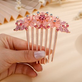 Jumwrit Crystal Flower Hair Comb Wedding Hair Clip Comb Rose Gold Long Rhinestone Floral Hair Side Comb Vintage Bride Bridesmaid Headpiece Bridal Hair Jewelry for Women Girls(Pink)