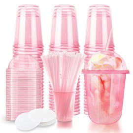 Xuelimei 16oz Disposable Stemless Glasses With Dome Lids and Straws,PET Disposable Drinking Cups,Clear Plastic Wine Glasses for Parties Birthday,Wedding,Meeting,Christmas Party Supplies (50, Pink)